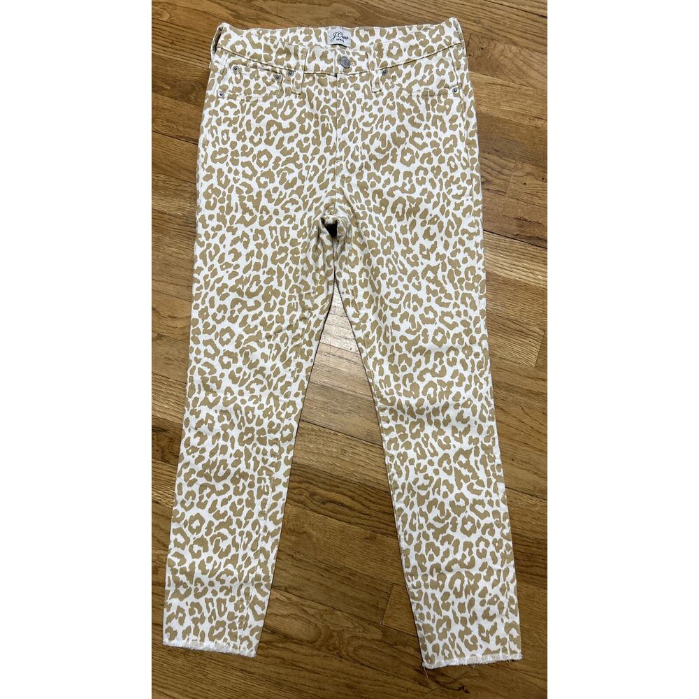 womens J.CREW white/khaki cheetah print 10" HIGH-RISE TOOTHPICK jeans sz 27 B2